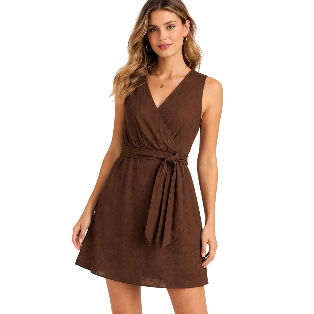 Sunday In Brooklyn Brown Linen Blend Faux Wrap Dress Small Anthropologie